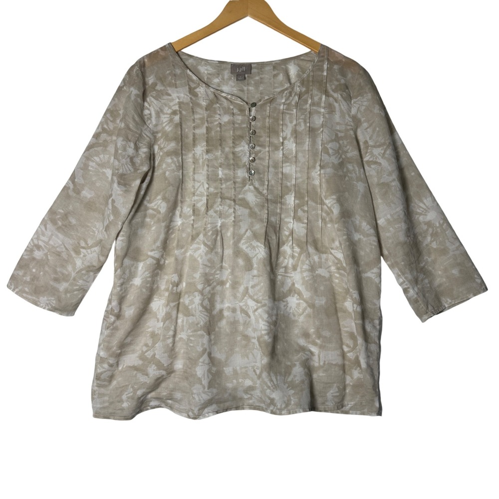 J Jill Abstract Pleated Button Front Beige 3/4‎ Sleeve Cotton Tunic Size Medium